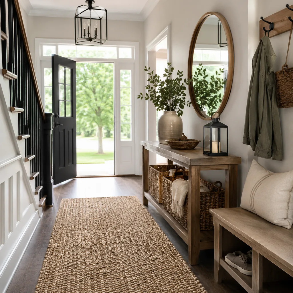 Realistic editorial photo of an entryway with console table, mirror, bench, hooks, rug, lighting, and storage showing natural fiber rugs in high-use rooms
