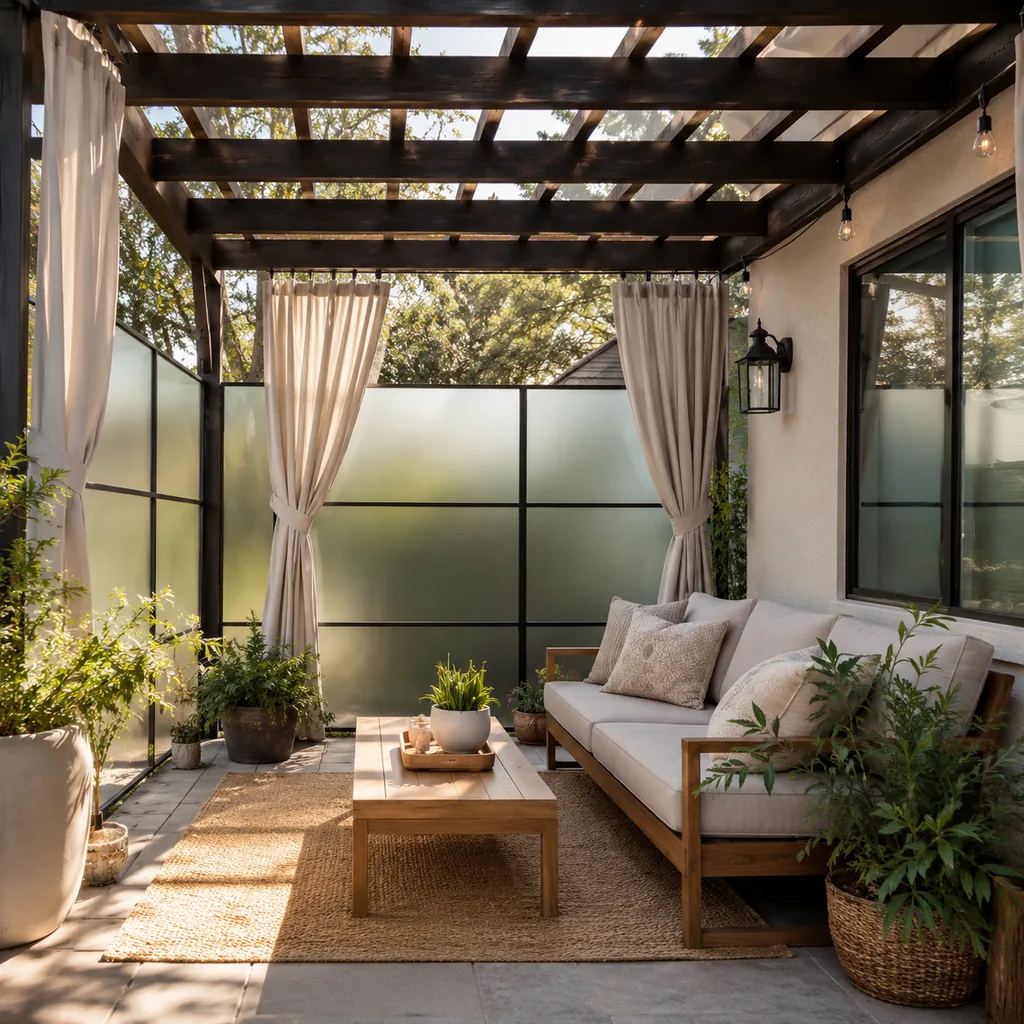Realistic editorial photo of an outdoor patio with pergola curtains, seating, plants, fabric panels, and sunlight showing frosted film used where fabric would a