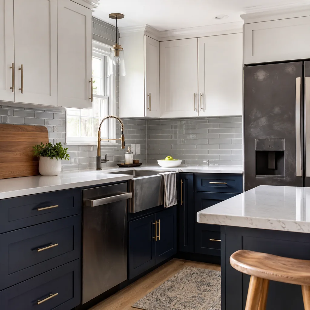 Realistic editorial photo of an updated kitchen with new counters, cabinets, backsplash, sink, hardware, and lingering dated details showing finish choice that 