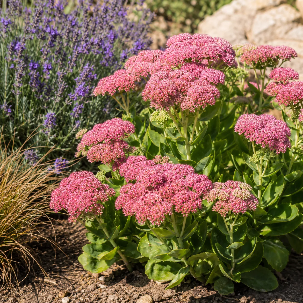 Realistic editorial photo of Autumn joy sedum growing in sunny drought tolerant flower bed in summer heat, realistic edi