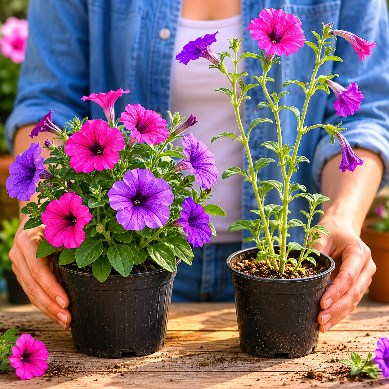 Realistic editorial photo of comparison of compact and leggy petunia nursery plants, warm natural light, practical home 