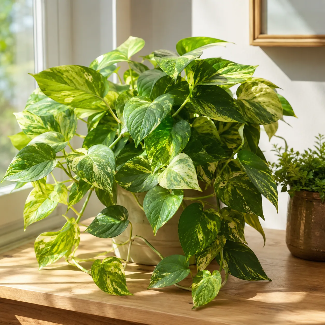 Realistic editorial photo of golden pothos with variegated leaves in bright indirect light, warm natural light, practica