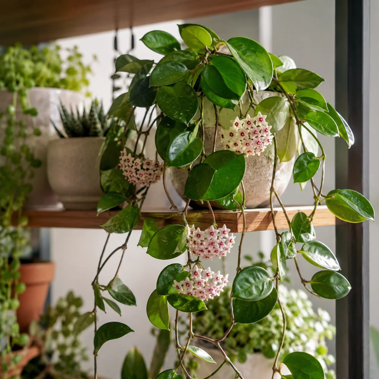 Realistic editorial photo of Hoya carnosa growing in bright indoor shelf with low maintenance houseplants, realistic edi