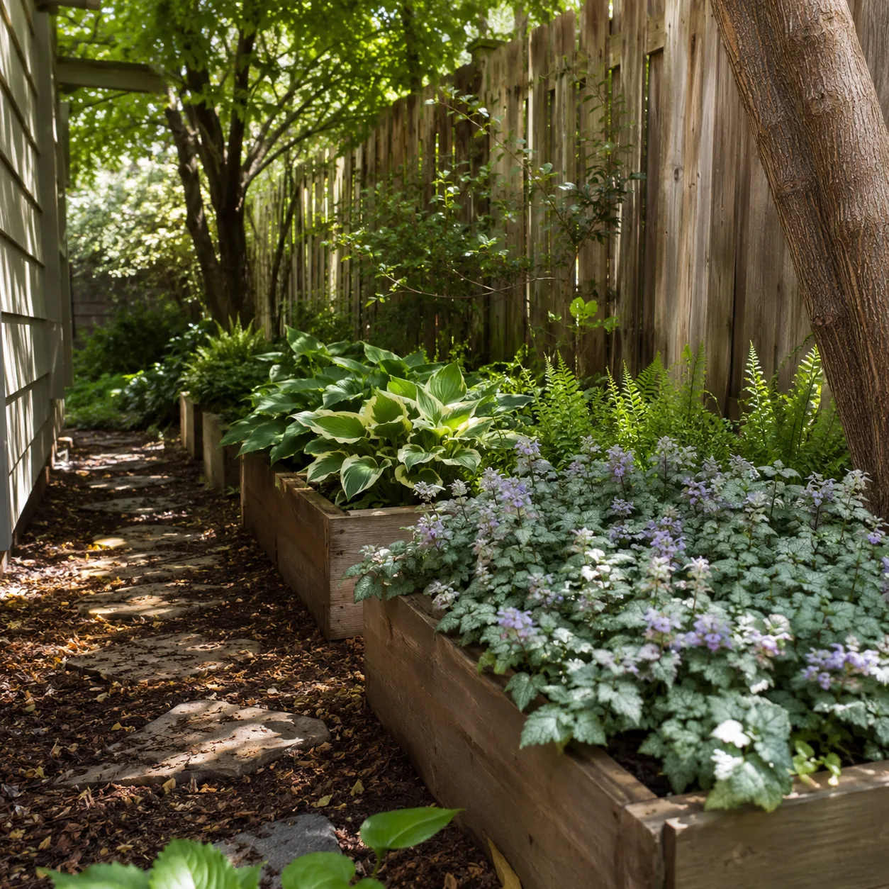 Realistic editorial photo of Lamium in contained beds growing in dry shady side yard under mature trees planted with sha