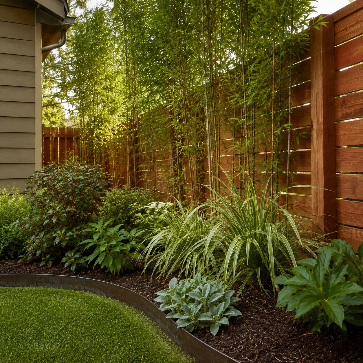 Realistic editorial photo of metal garden edging plus plants in an ordinary backyard needing privacy, realistic editoria