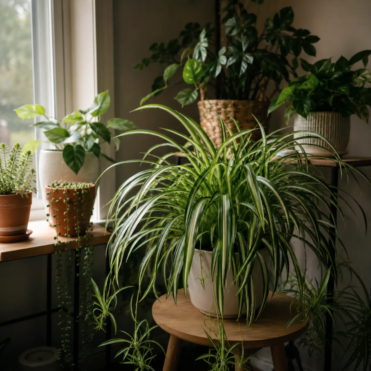 Realistic editorial photo of Spider plant growing in low light room corner with houseplants near a window, realistic edi