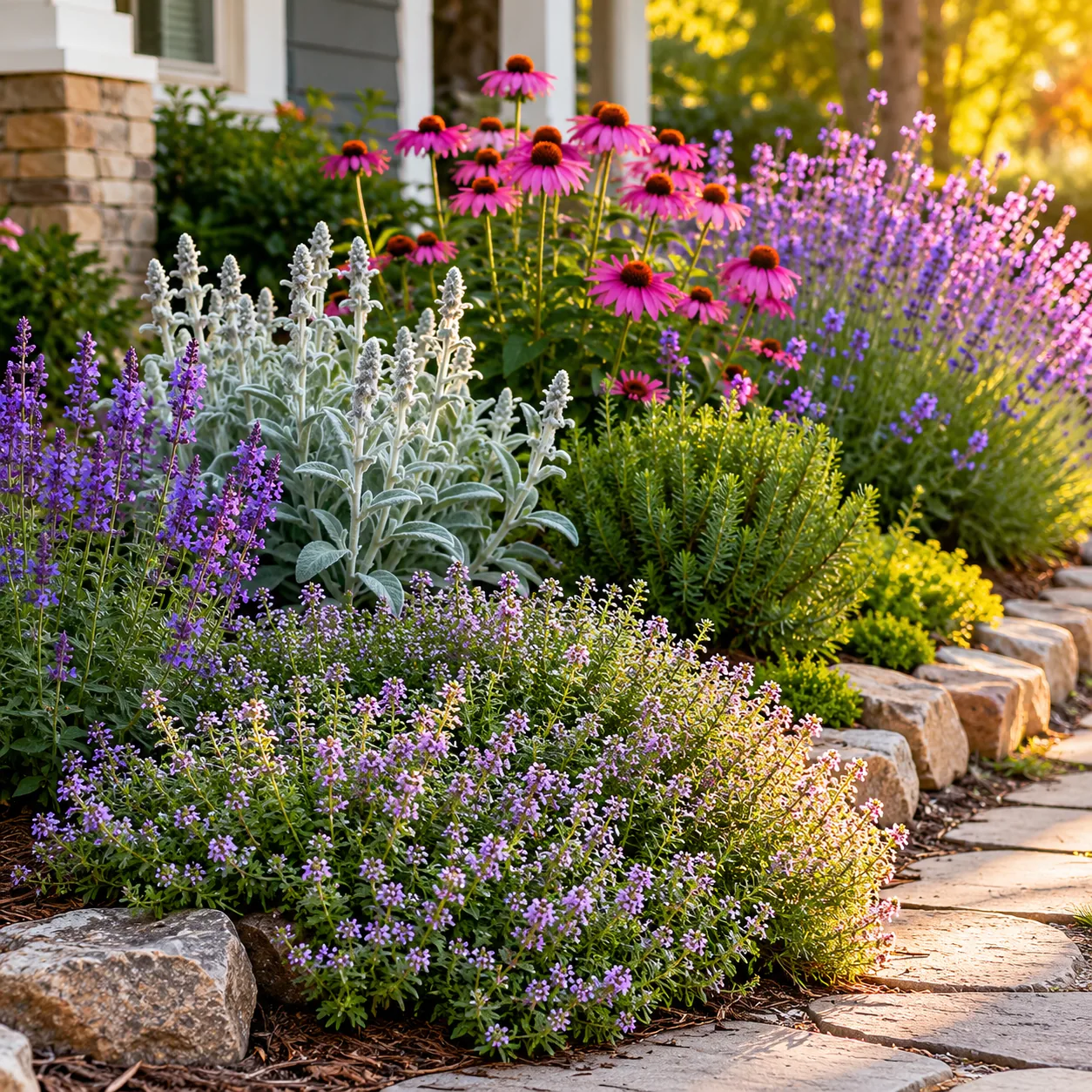 Realistic editorial photo of Thyme growing in front yard border with deer resistant flowering plants, realistic editoria