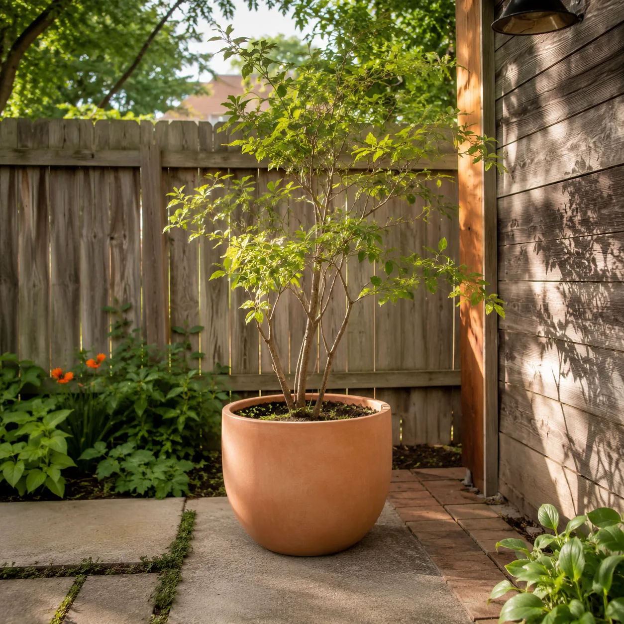 Realistic editorial photo of use one statement pot in small fenced backyard, realistic editorial photo, natural light, 1