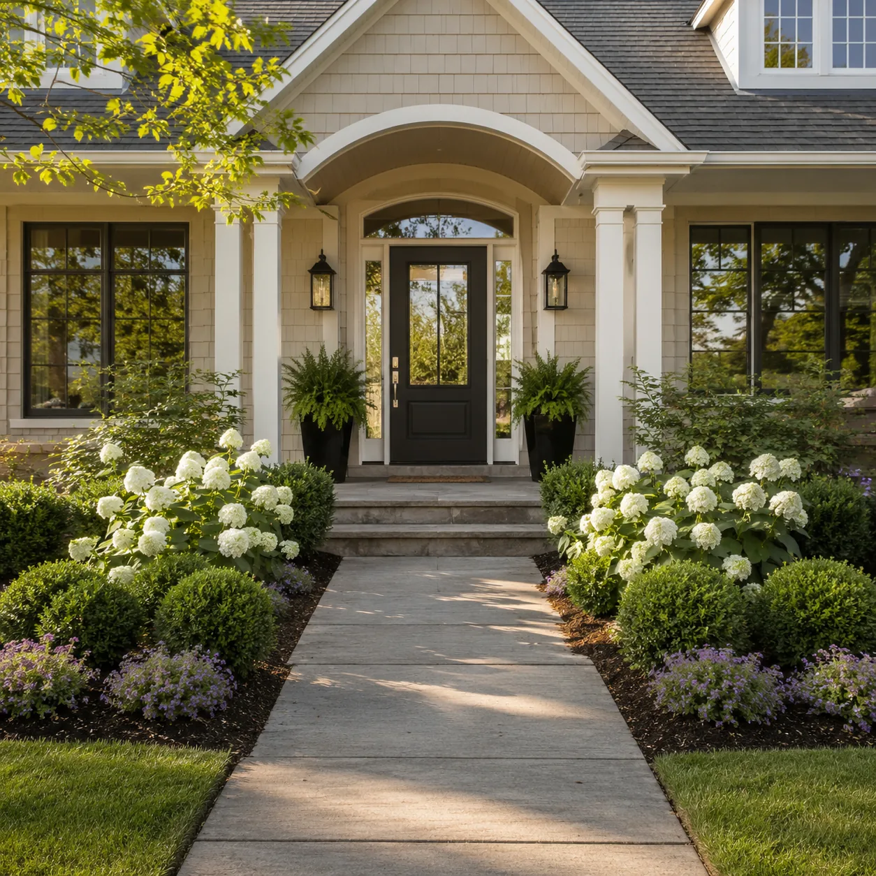 Realistic editorial photo of use symmetrical entry planting in polished suburban front yard, realistic editorial photo, 