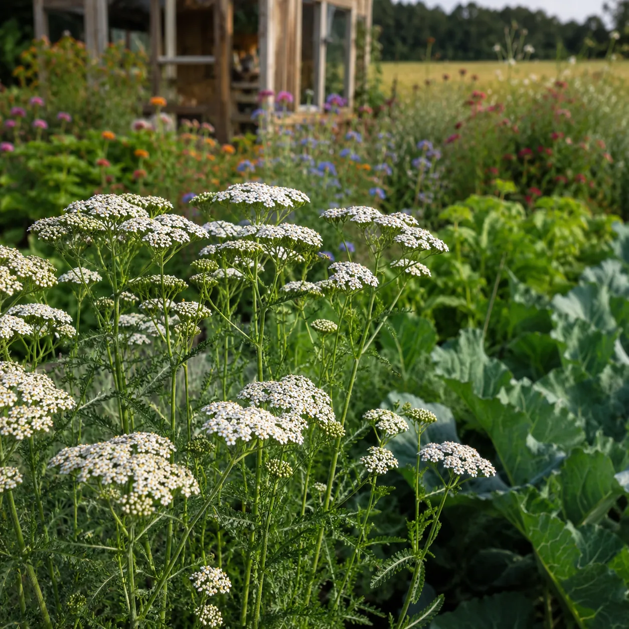 Realistic editorial photo of Yarrow near mixed borders growing in a practical edible and flower garden, realistic editor