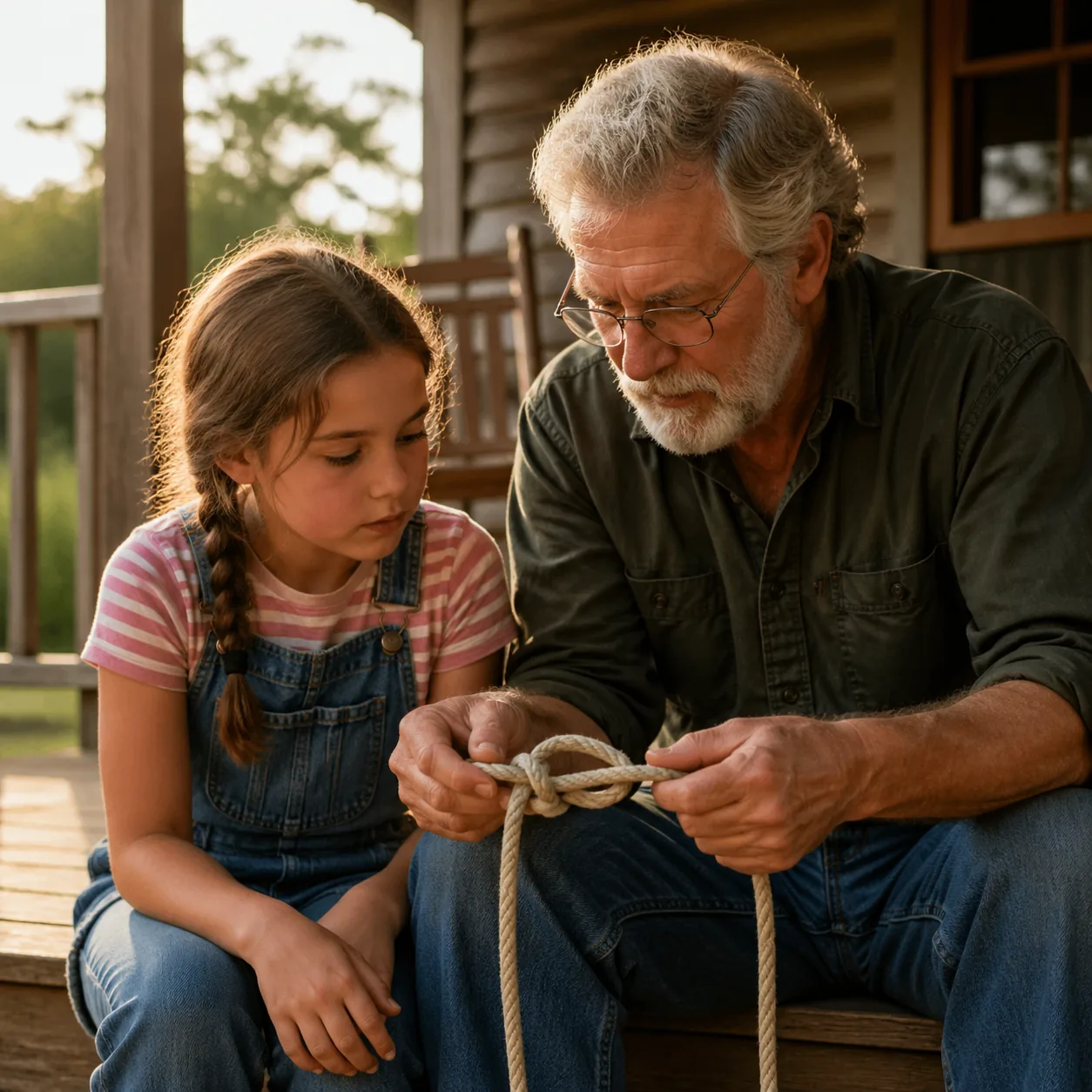 Warm editorial photo of an older man teaching his granddaughter to tie a bowline knot with a length of rope on a wooden 