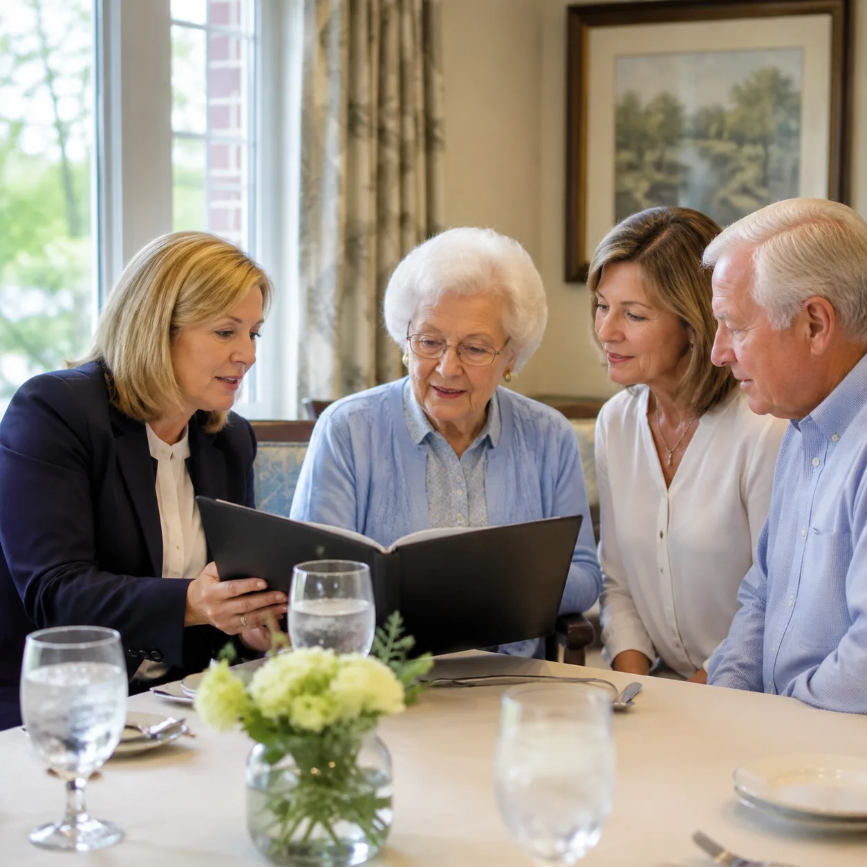 assisted living dining director discussing special diet menu with older resident and family, realistic editorial lifesty