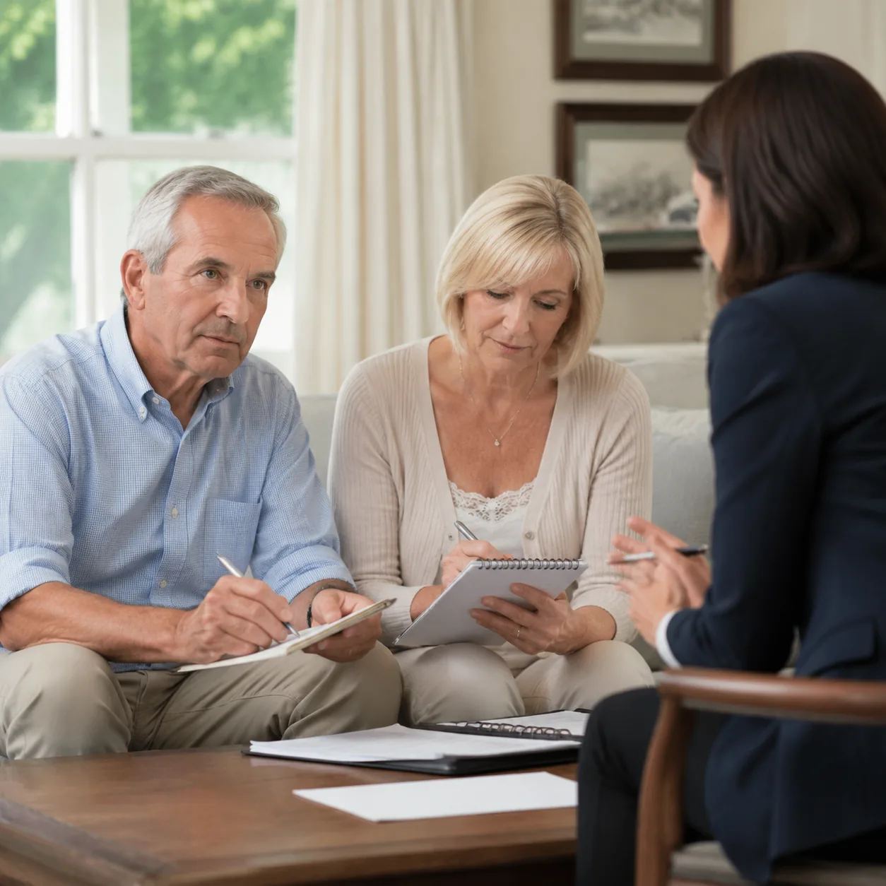 family making notes while assisted living director lists excluded costs, realistic editorial lifestyle photography for A