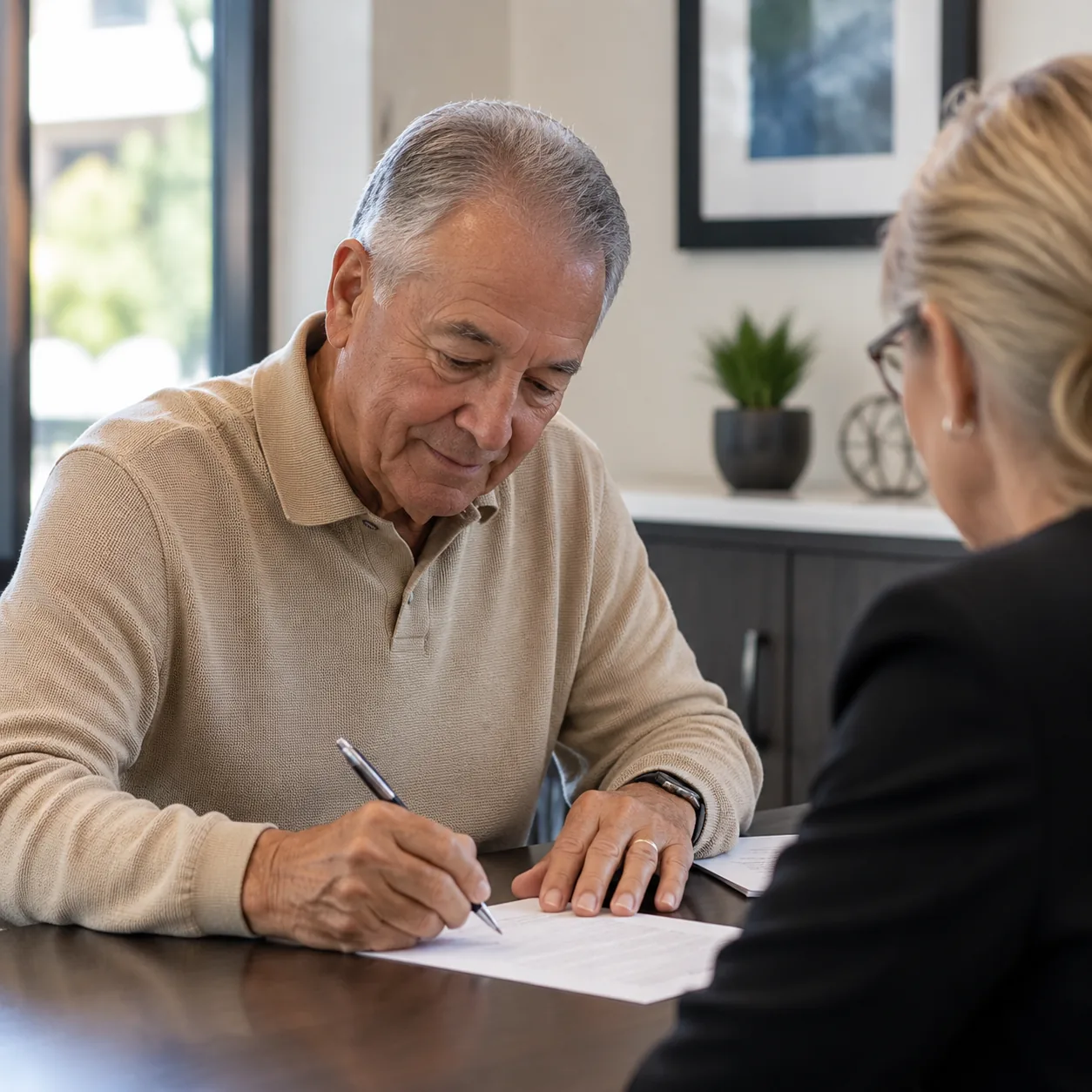older applicant filling out community application paperwork at leasing office, realistic editorial lifestyle photography