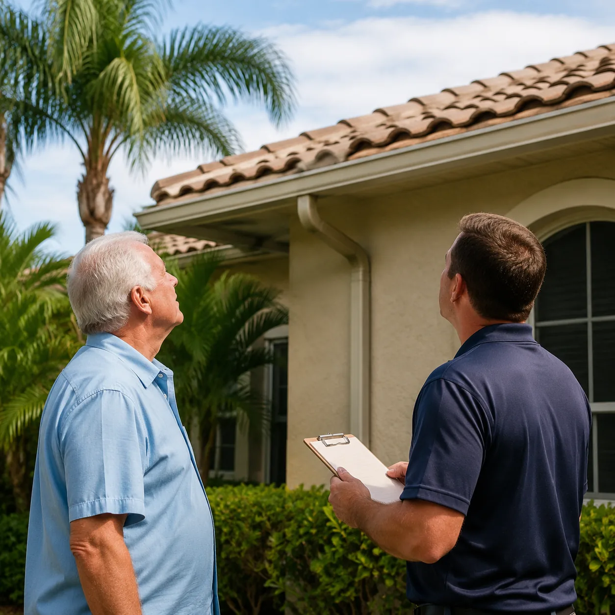 older man and inspector looking up at roof of Florida home with clipboard, realistic editorial lifestyle photography for