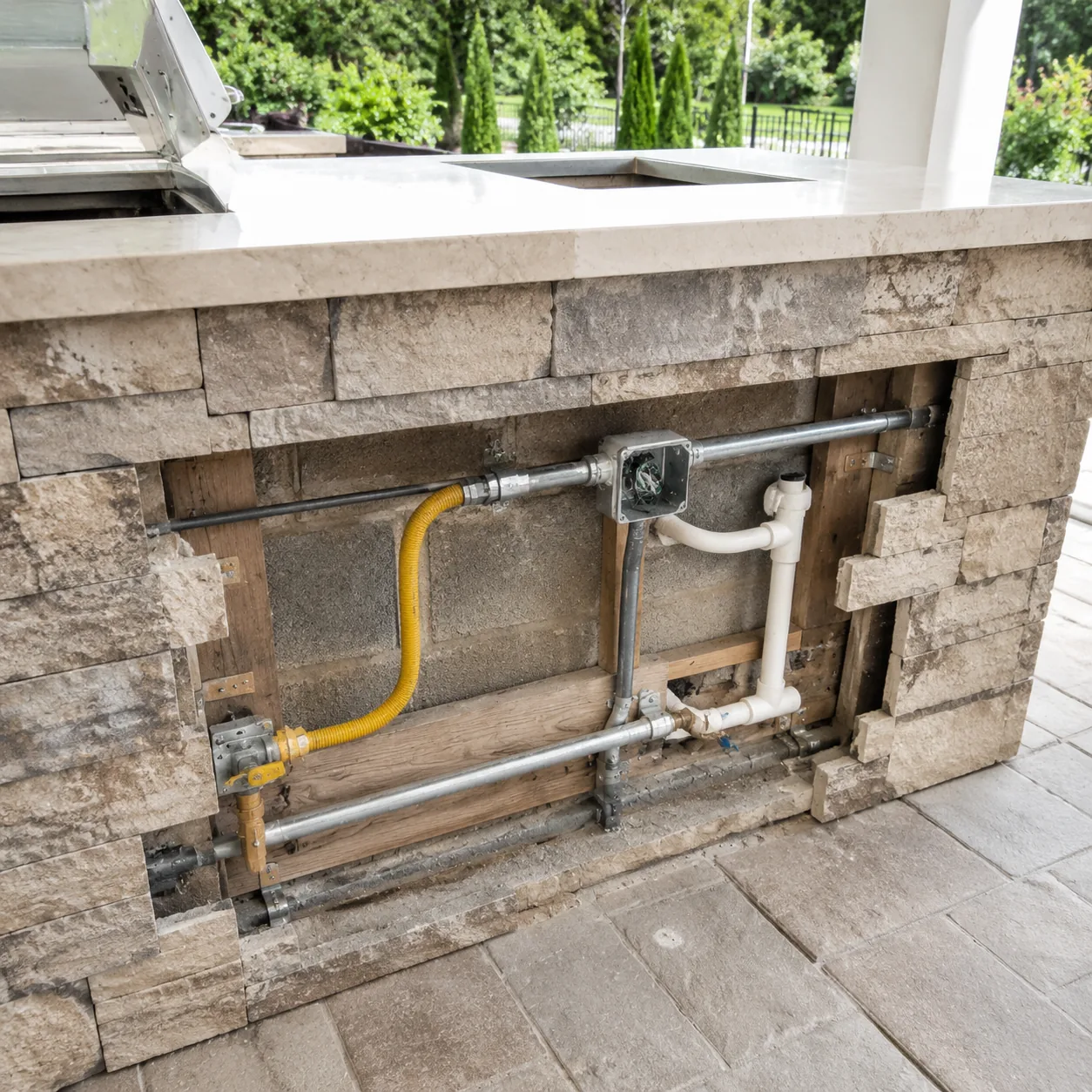 Realistic editorial home renovation photo of exposed outdoor kitchen utility lines, gas pipe, electrical conduit, and wa
