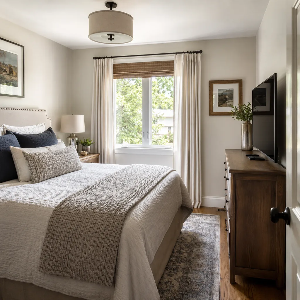 Realistic editorial photo of a compact American bedroom with bed, nightstands, window, dresser, and tight walkways showing tv height that does not strain the ne