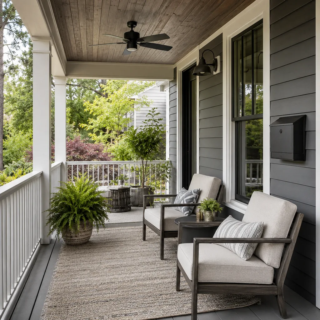 Realistic editorial photo of a covered porch with chairs, ceiling fan, plants, side tables, rug, and outdoor living details showing cleaner mailbox or wall box