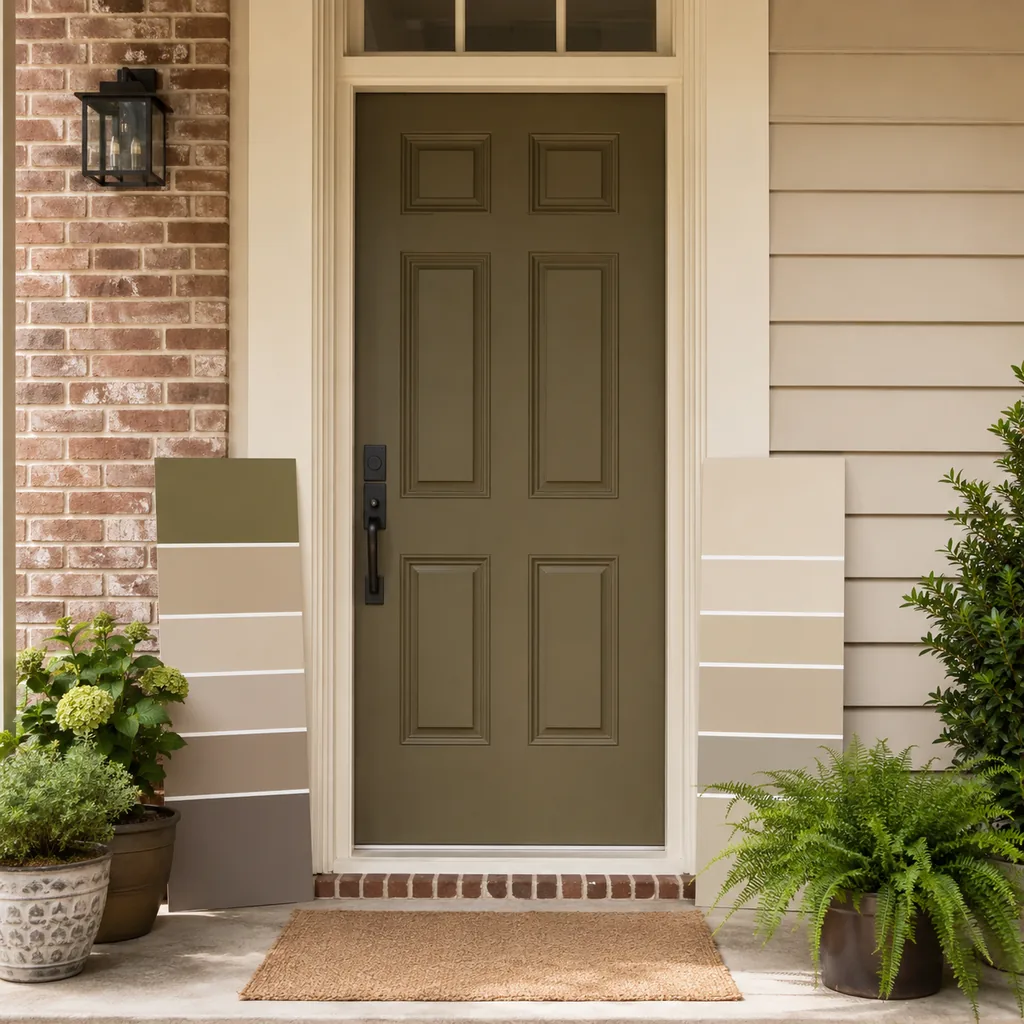 Realistic editorial photo of a front entry with door paint samples, brick, siding, plants, and trim showing muddy olive in a north-facing room