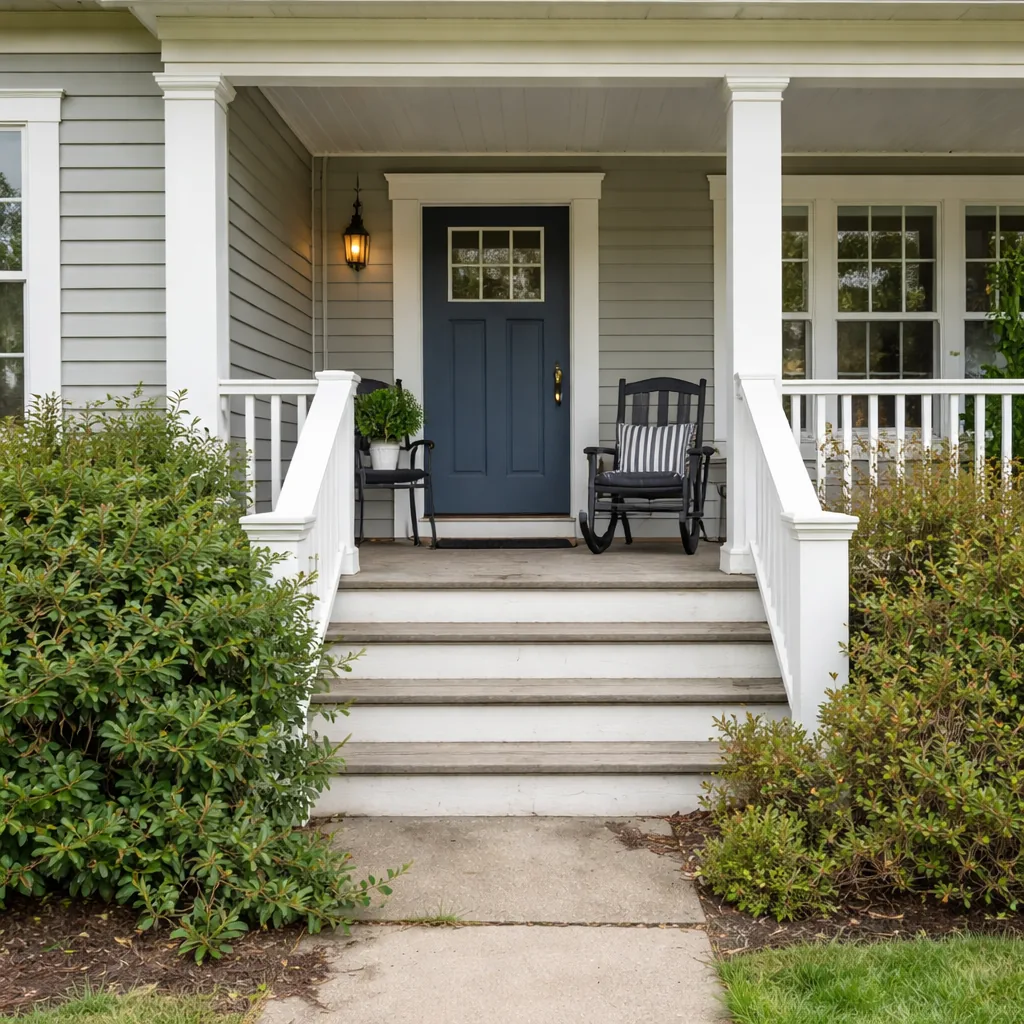 Realistic editorial photo of a front porch prepared for a home showing with steps, door, railings, seating, and curb appeal issues showing overgrown shrubs agai
