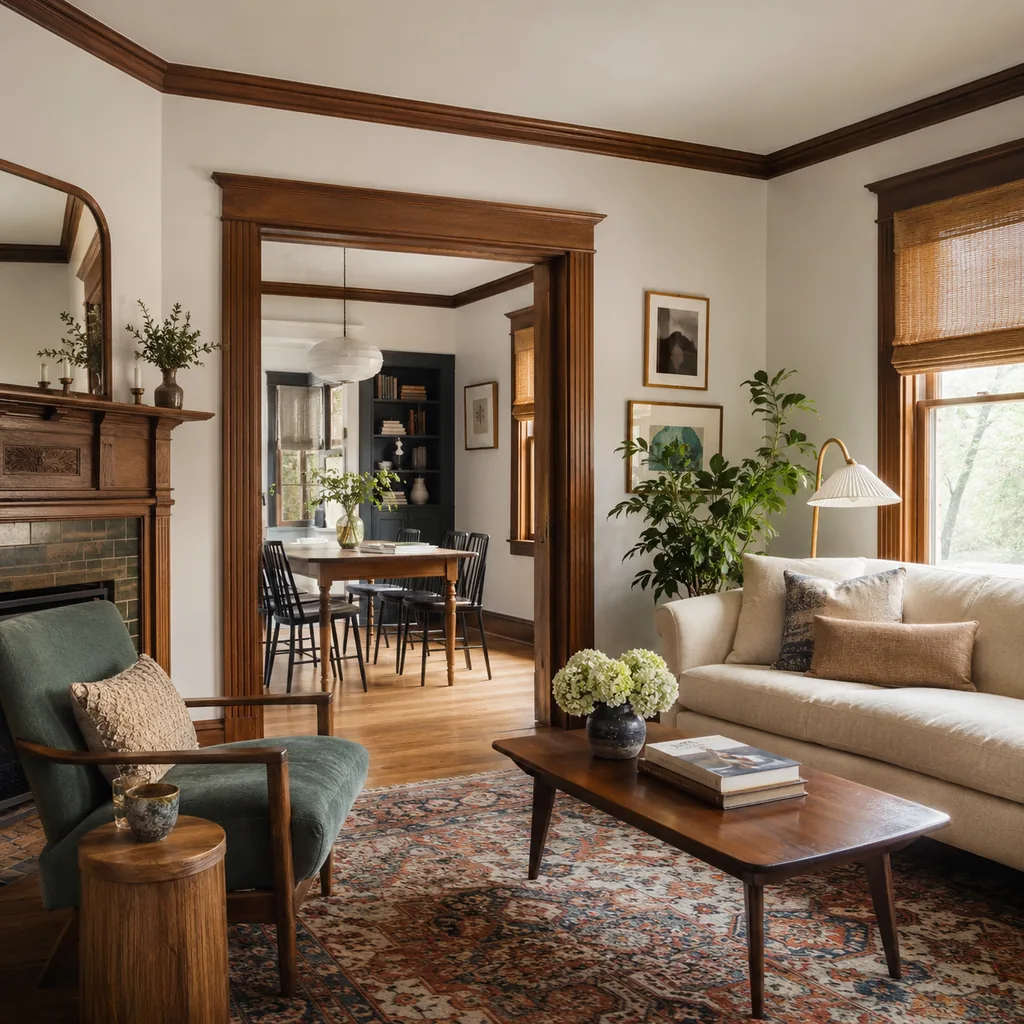 Realistic editorial photo of a home interior with vintage decor, modern furniture, warm wood, patterned accents, and layered lighting showing traditional trim w