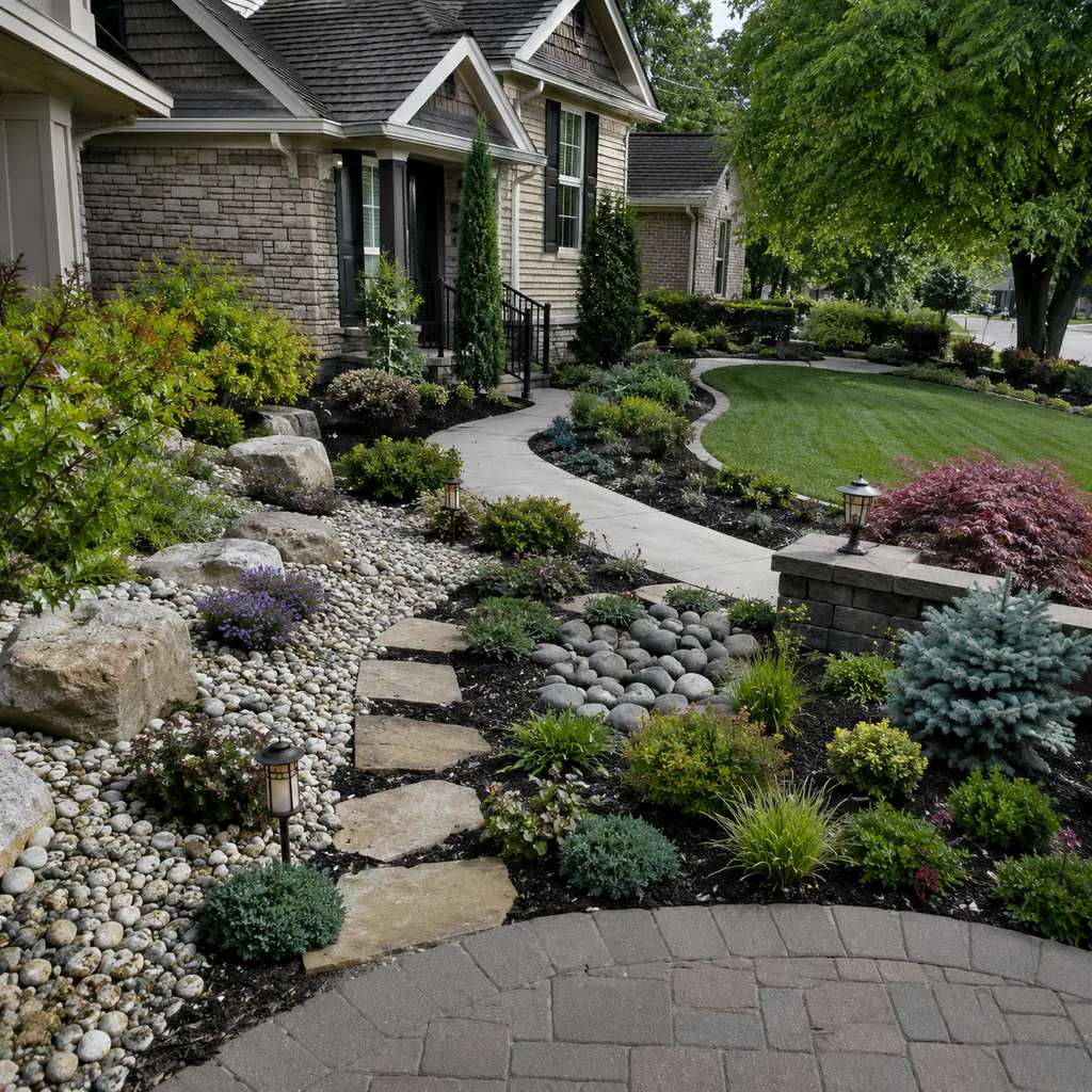 Realistic editorial photo of a landscaped American front yard with lawn, shrubs, mulch beds, trees, walkway, and house exterior showing too many materials in on