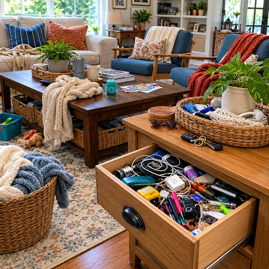 Realistic editorial photo of a living room with crowded surfaces, extra chairs, baskets, blankets, cords, and storage furniture showing junk drawer with no boun