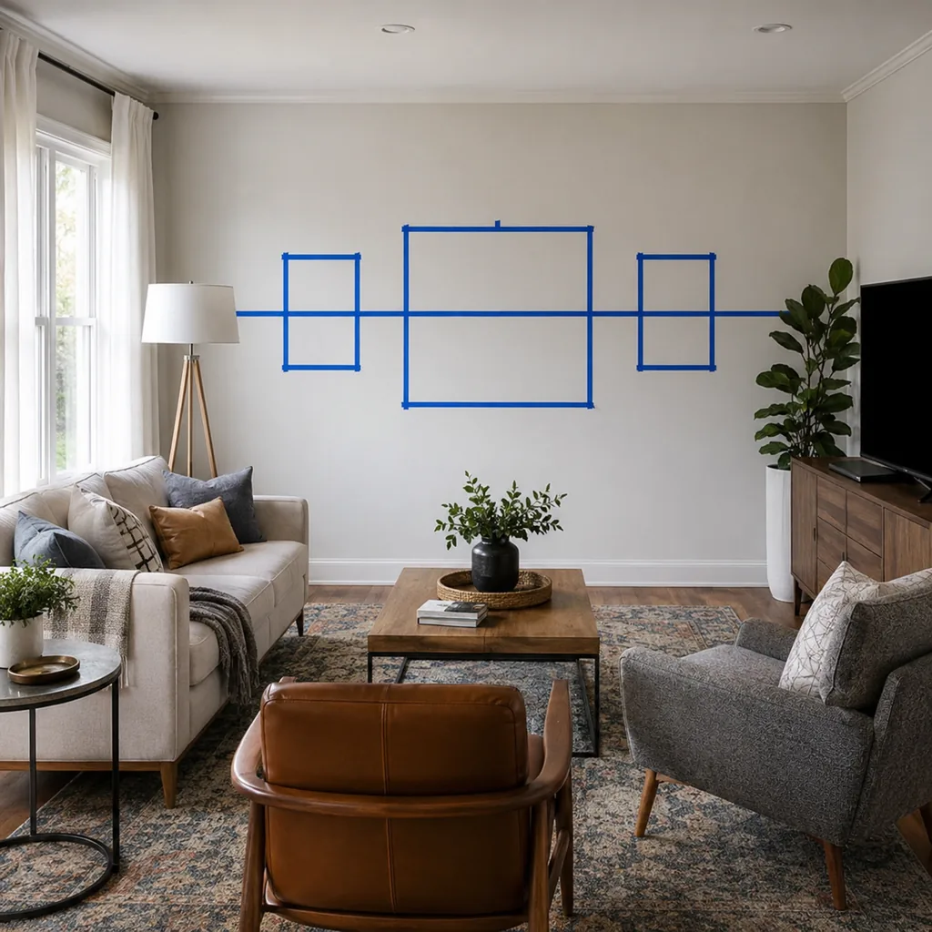 Realistic editorial photo of a living room with sofa, chairs, rug, TV, windows, and taped layout marks showing art hung at human eye level