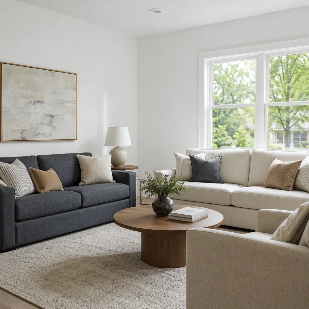 Realistic editorial photo of a living room with sofas in different upholstery colors, pillows, wall paint, and daylight showing bright white walls with no warmt