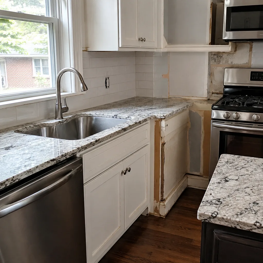 Realistic editorial photo of a realistic American kitchen with sink, cabinets, appliances, counters, and inspection details showing new stone beside tired trim
