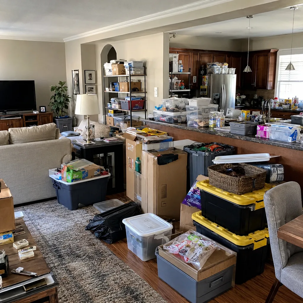 Realistic editorial photo of a realistic cluttered living room and kitchen area with boxes, counters, shelves, and organizing bins showing garage overflowing in