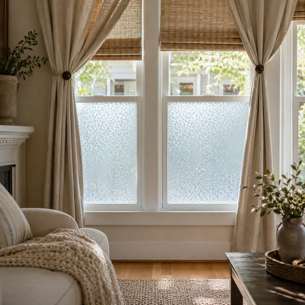 Realistic editorial photo of a room with windows, shades, shutters, woven panels, privacy film, and soft natural light showing tiebacks placed at the wrong heig