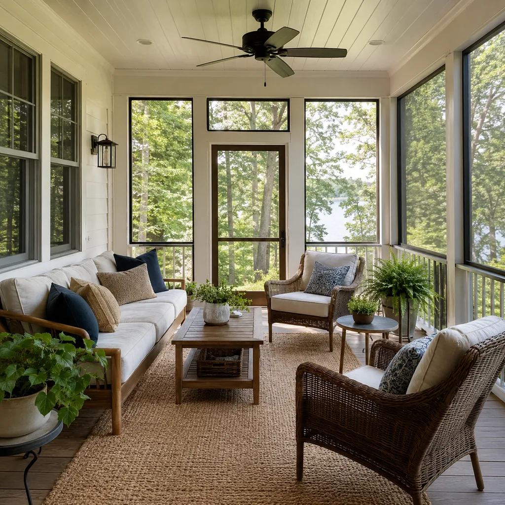 Realistic editorial photo of a screened porch with sofa, chairs, rug, plants, ceiling fan, screens, and soft daylight showing furniture angled for conversation