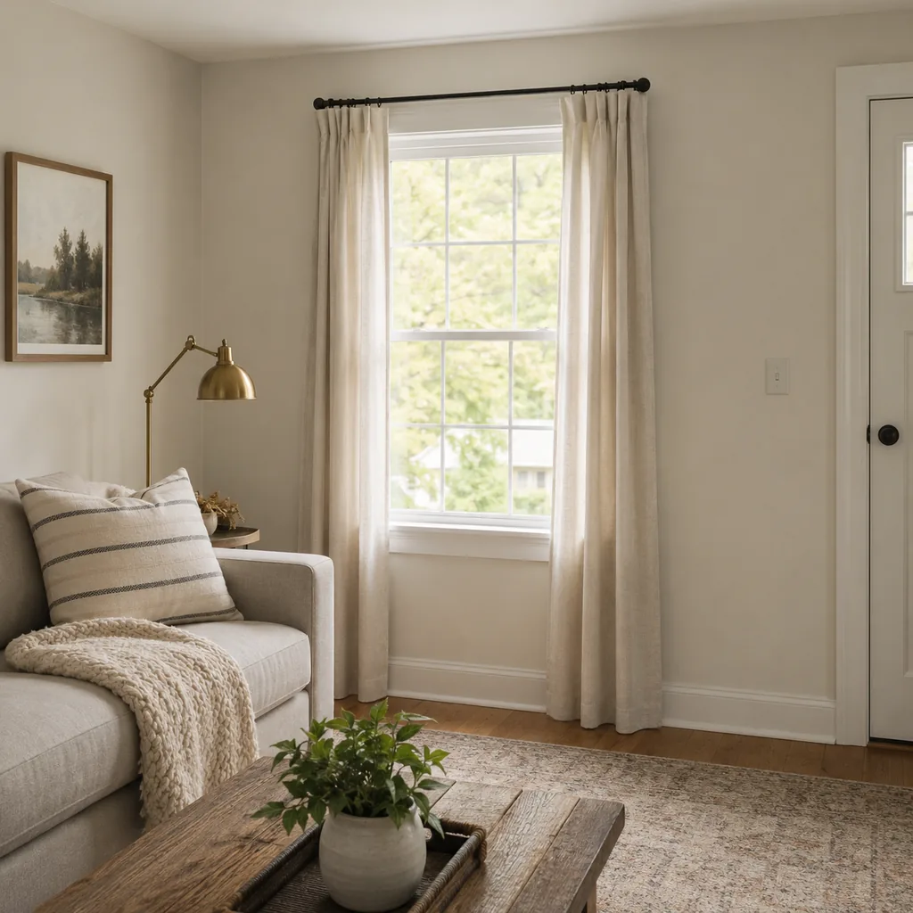 Realistic editorial photo of a small American room with windows, curtains, rods