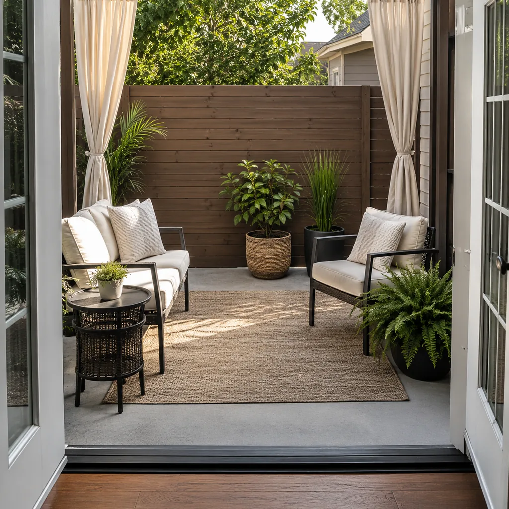 Realistic editorial photo of a small patio with compact seating, outdoor rug, plants, side table, curtains, and privacy screen showing seating too far from the