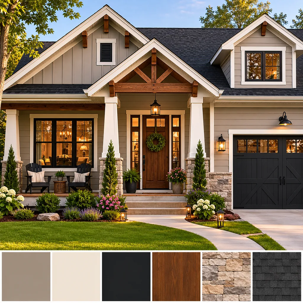 Realistic editorial photo of a suburban home exterior with siding, trim, roof, front door, lawn, and paint swatches showing color scheme with no quiet resting p