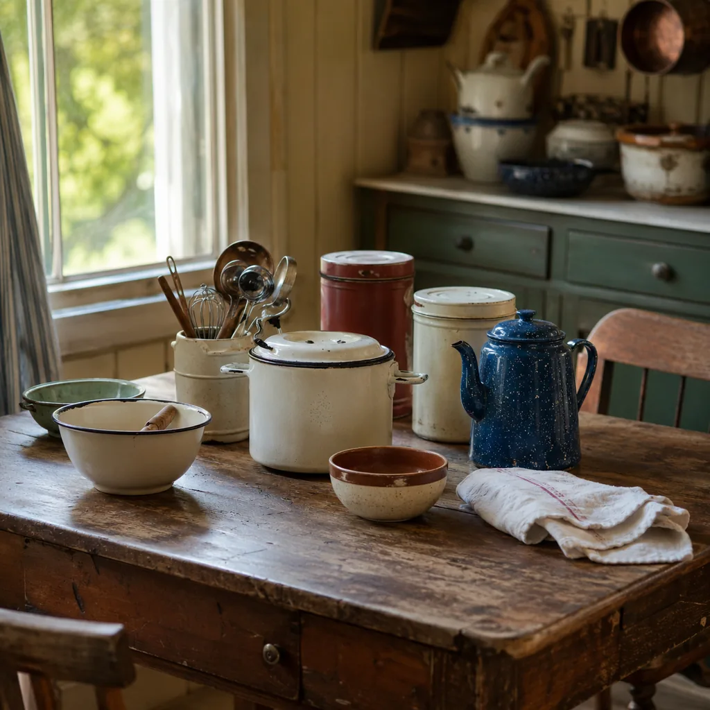 Realistic editorial photo of a vintage kitchen table with bowls, enamel cookware, utensils, tins, and warm window light showing vintage enamel cookware