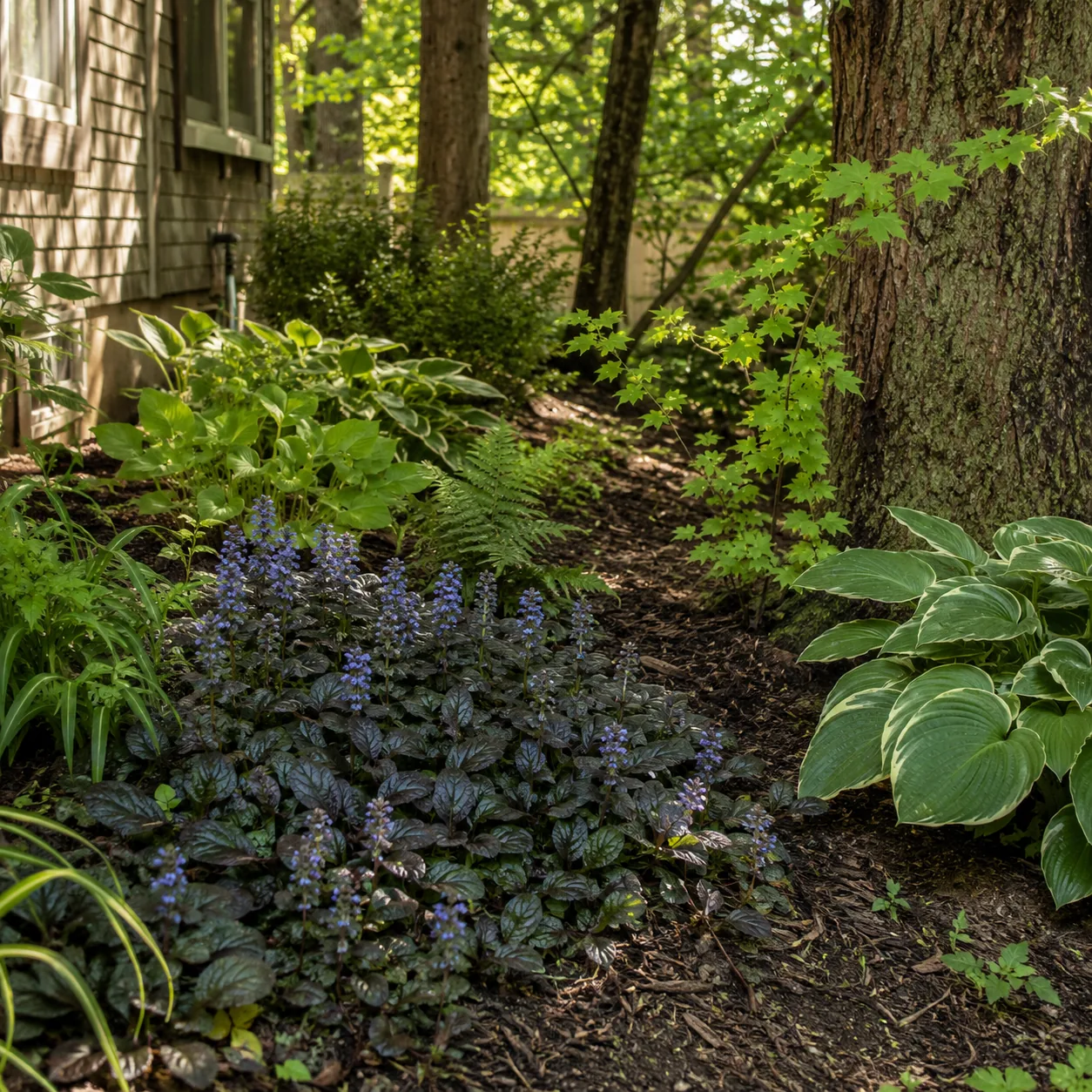 Realistic editorial photo of Ajuga with caution growing in dry shady side yard under mature trees planted with shade tol