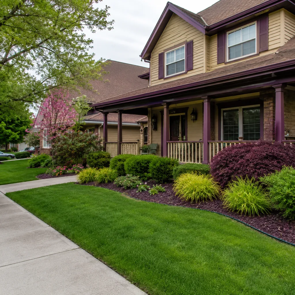 Realistic editorial photo of an American front yard with lawn, shrubs, walkway, mulch beds, trees, and a front porch showing color palette fighting the house