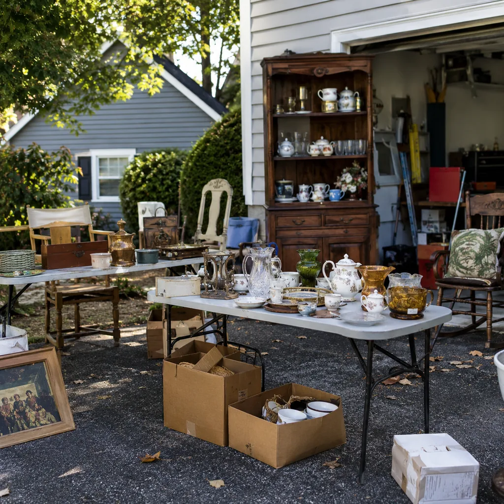 Realistic editorial photo of an American garage sale with folding tables, boxes, old kitchen items, furniture, and collectibles showing tables with real leaves 