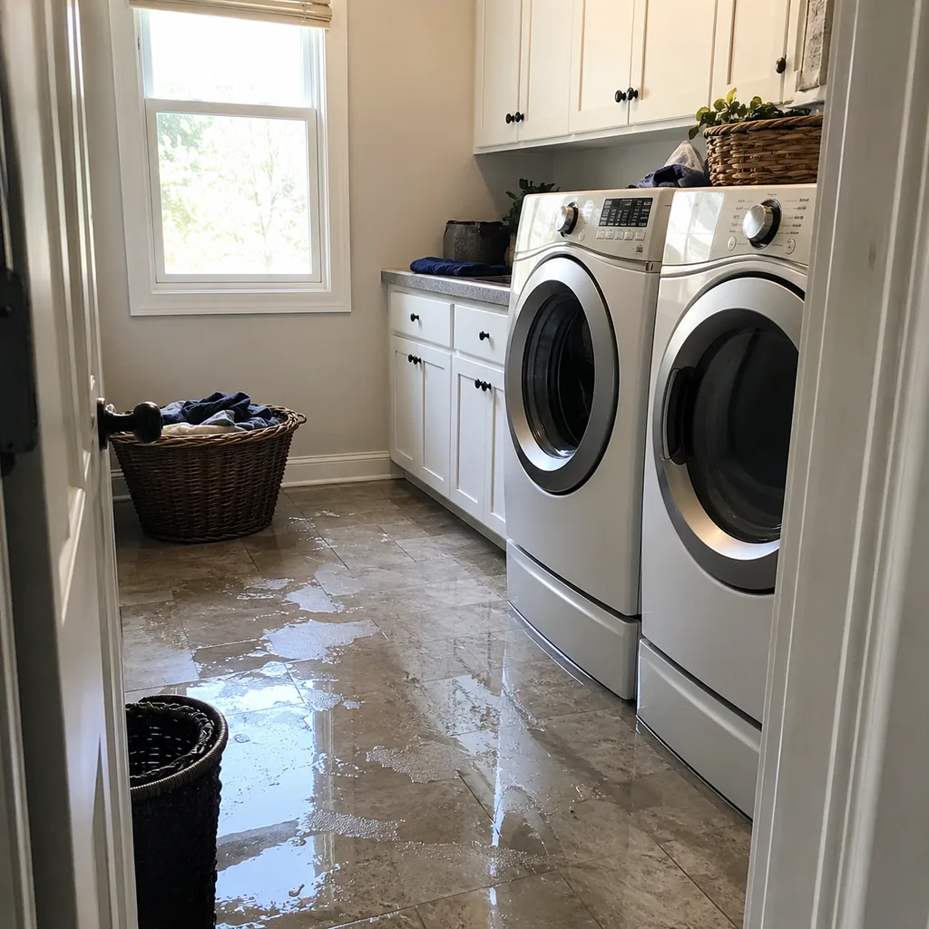 Realistic editorial photo of an American laundry room showing forgetting a floor drain or leak plan