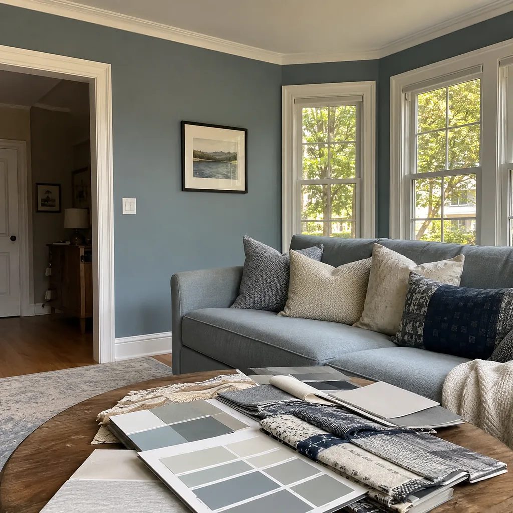 Realistic editorial photo of an American living room with paint swatches, sofa fabric, wall colors, and natural light showing trim color ignored during the upda