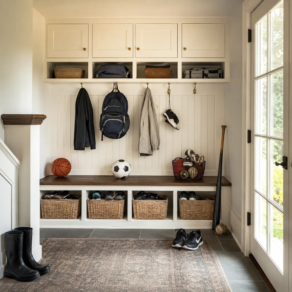 Realistic editorial photo of an American mudroom showing treating sports gear like normal storage