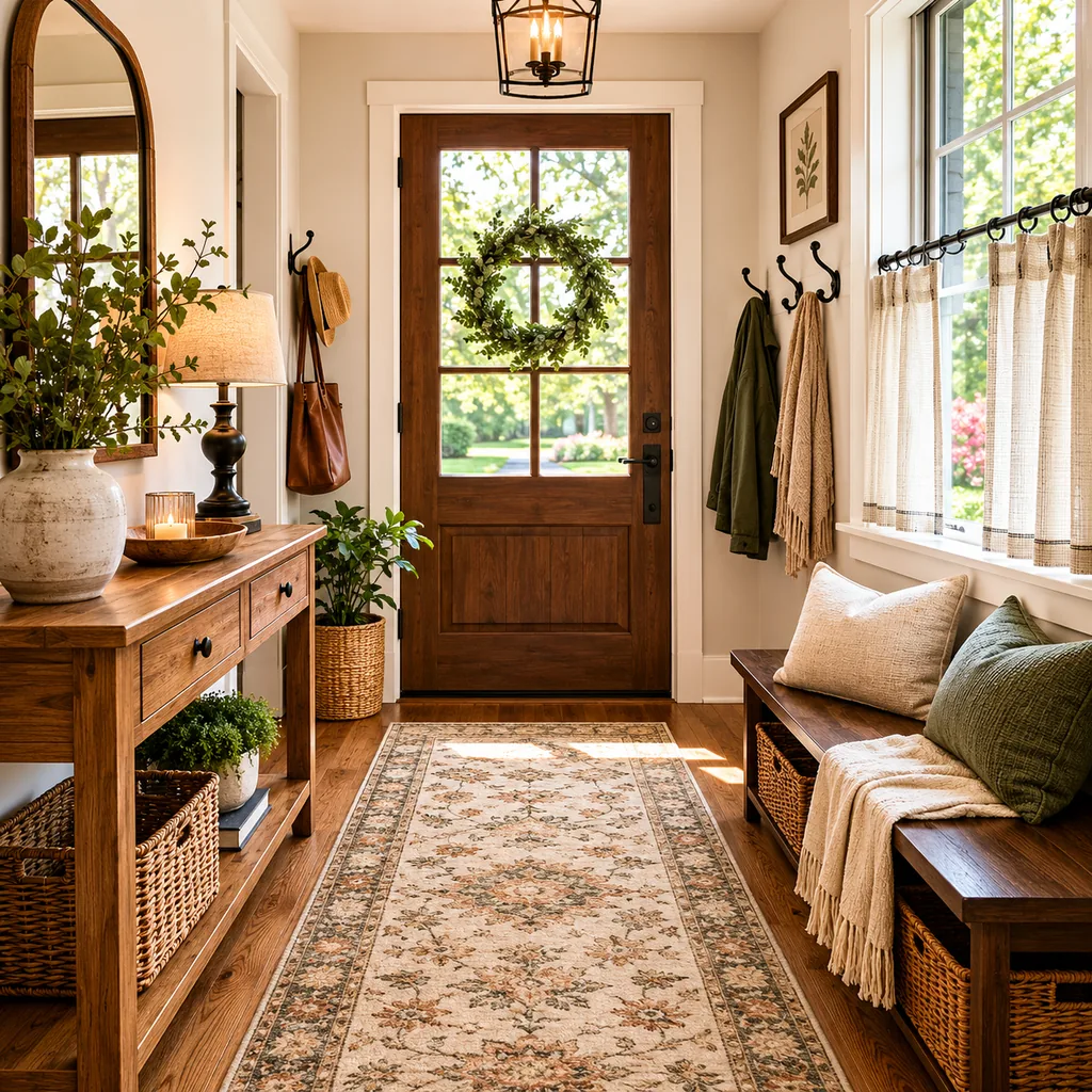 Realistic editorial photo of an entryway with console table, mirror, bench, hooks, rug, lighting, and storage showing cafe curtains in the right window