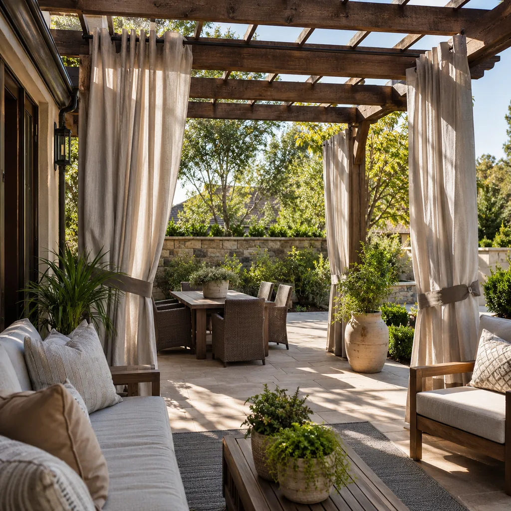 Realistic editorial photo of an outdoor patio with pergola curtains, seating, plants, fabric panels, and sunlight showing interior shutters that crowd furniture