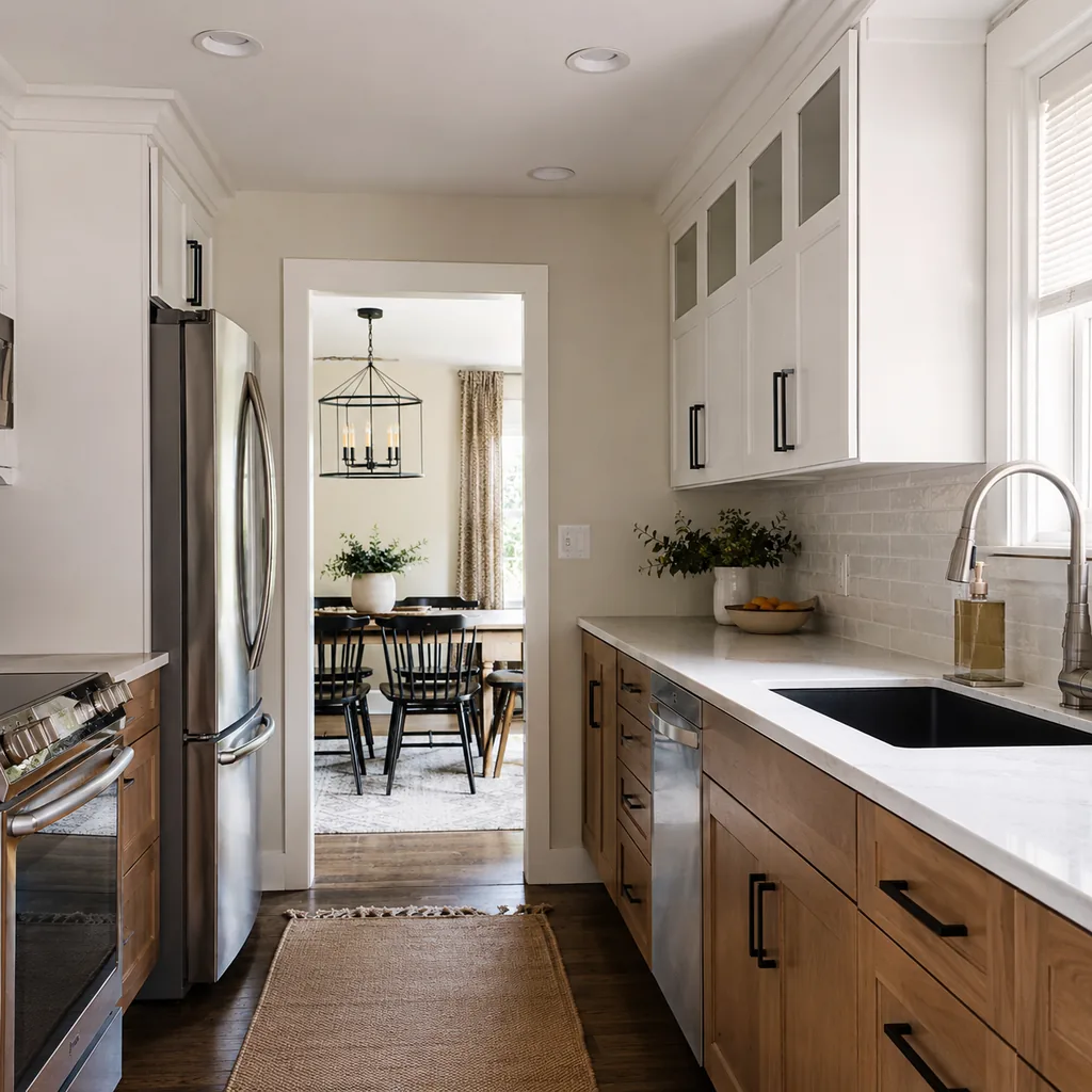 Realistic editorial photo of an updated kitchen with new counters, cabinets, backsplash, sink, hardware, and lingering dated details showing no place for sheet 