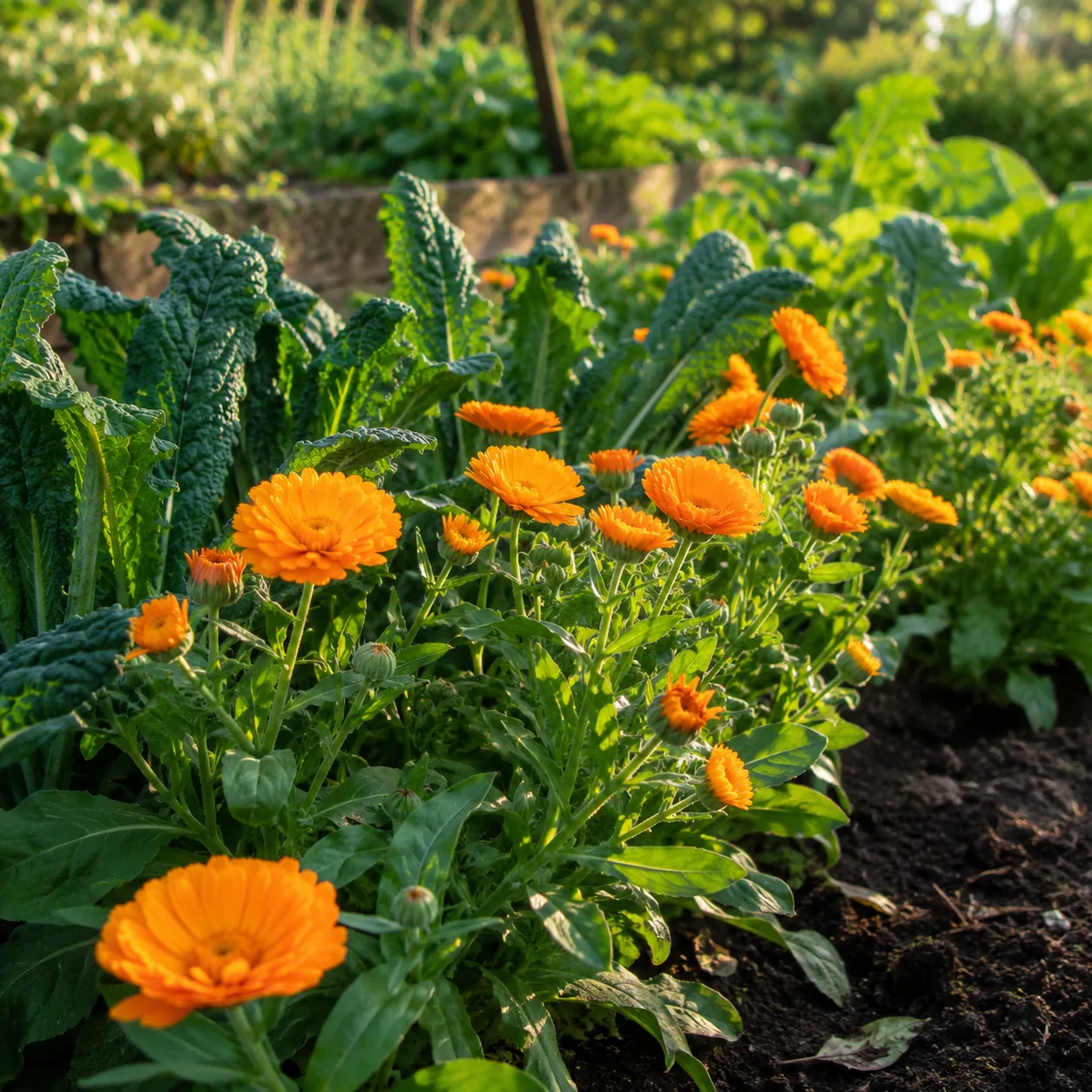 Realistic editorial photo of Calendula in vegetable beds growing in a practical edible and flower garden, realistic edit
