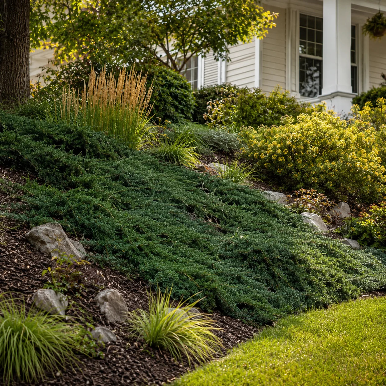 Realistic editorial photo of Gro-Low sumac growing in sloped front yard planted with controlled ground covers, realistic