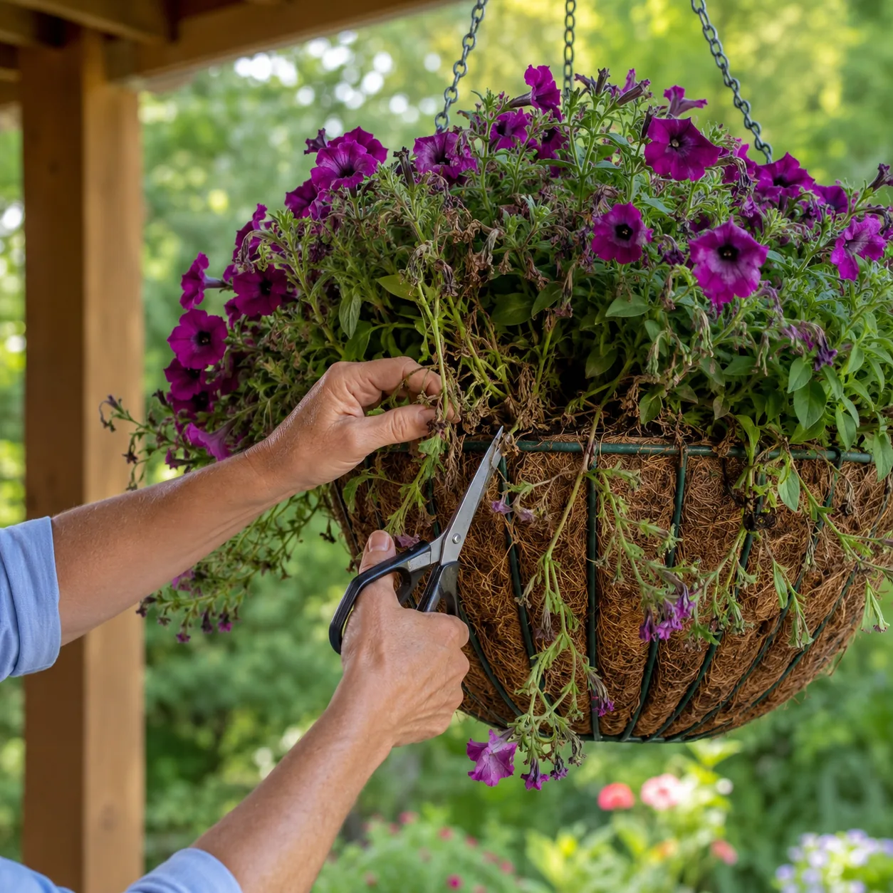Realistic editorial photo of midsummer petunia basket being trimmed back with scissors, warm natural light, practical ho