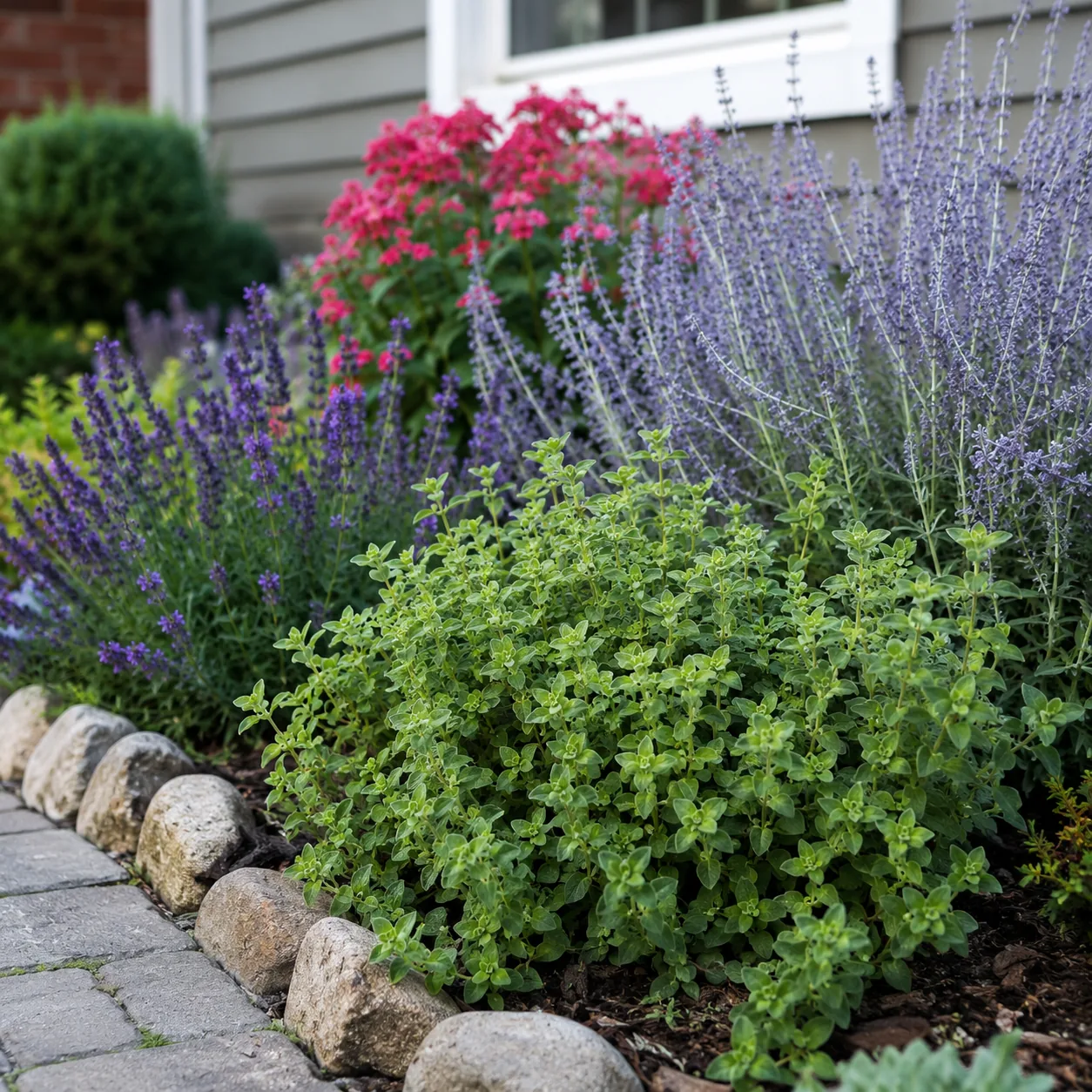 Realistic editorial photo of Oregano growing in front yard border with deer resistant flowering plants, realistic editor